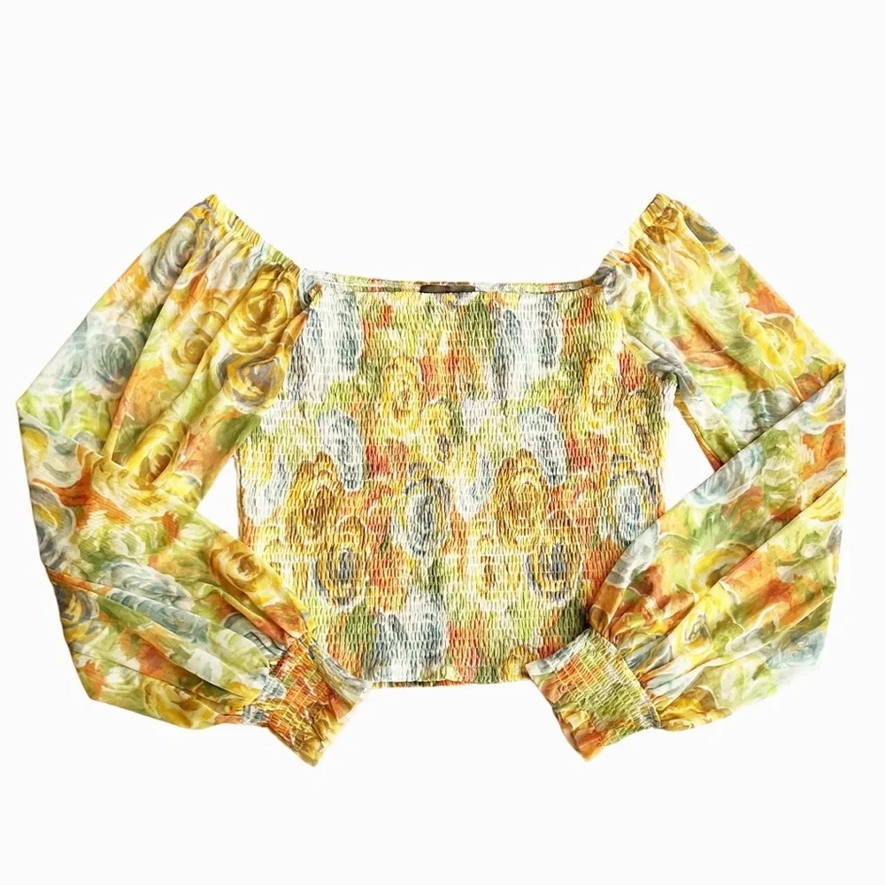 Anthropologie Rouen Yellow and Orange Floral Print Smocked Top X-Large
